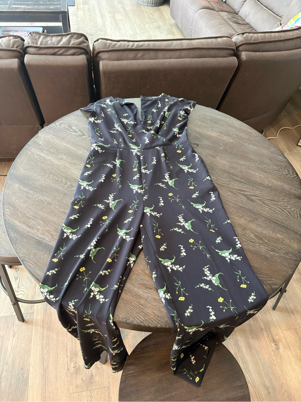 Ann Taylor Black Floral Surplice Wide-Leg Jumpsuit